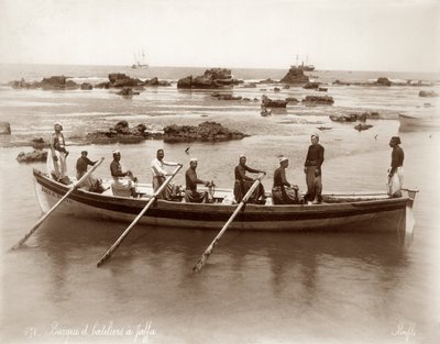 View of a boat and harbour rocks at Jaffa by Bonfils Studio